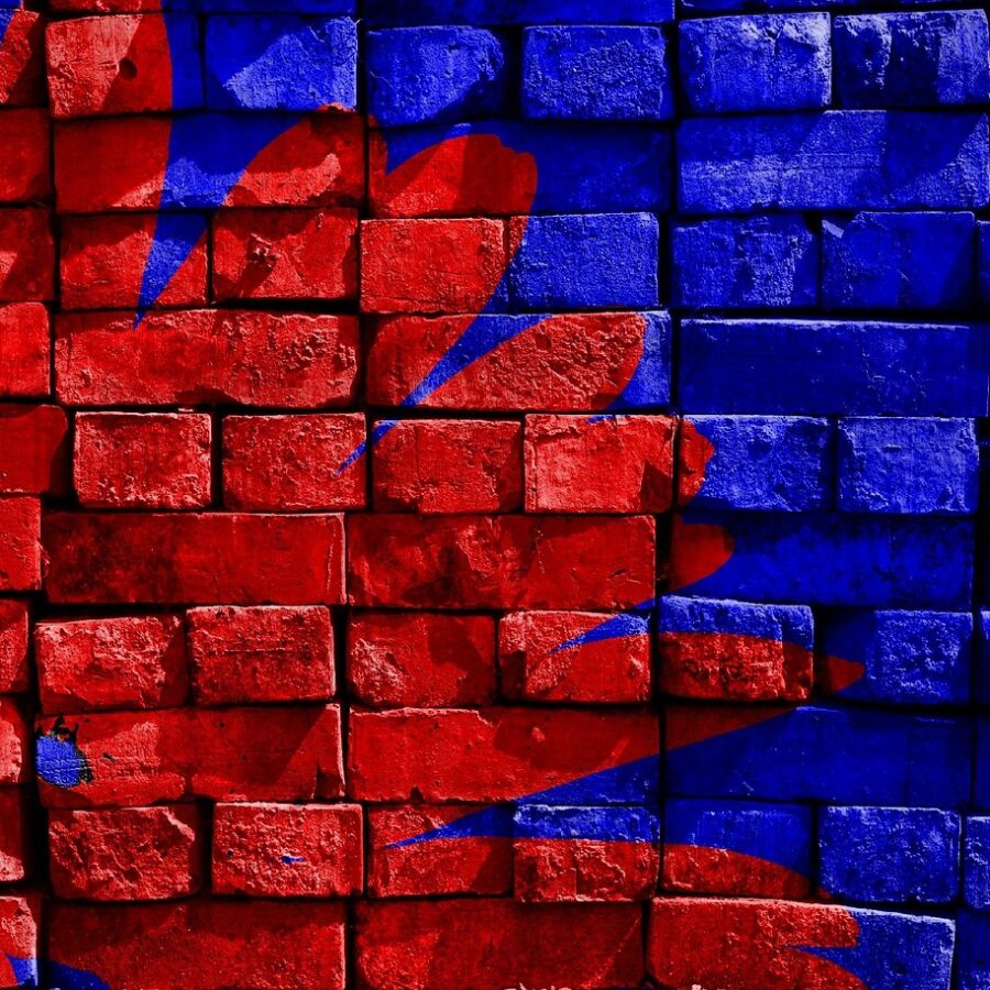 blue, red, painted, brick, wall, artwork, art, hd wallpaper, decoration, painted wall, digital manipulation, photo art, cool wallpaper